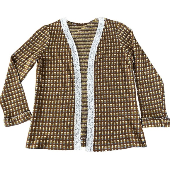 Vintage Retro Floral Open Front Cardigan Handmade Brown Medium 70s Vibes - Picture 3 of 8